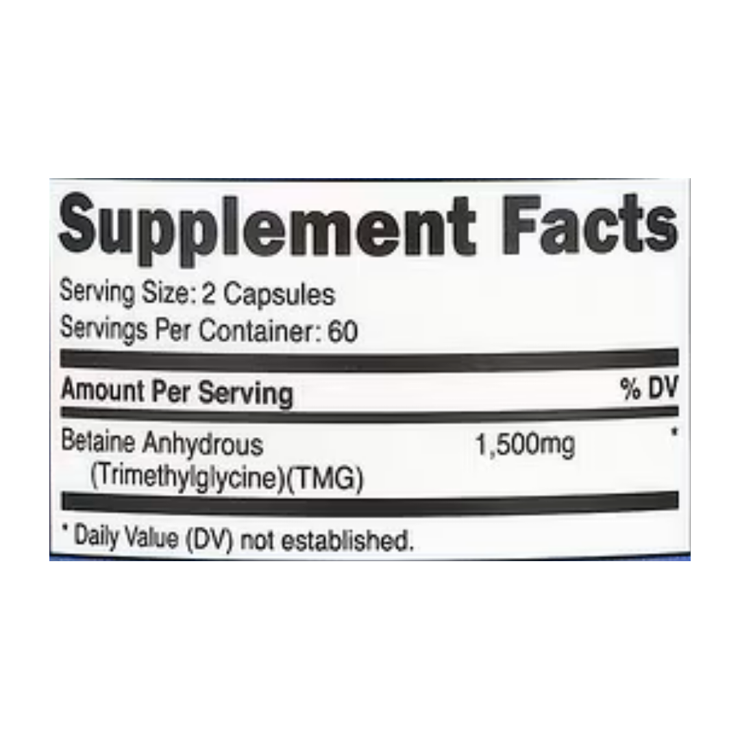 Nutricost, Betaine Anhydrous, 120 Capsules supplement facts label showing ingredients, vitamins, minerals, and serving information