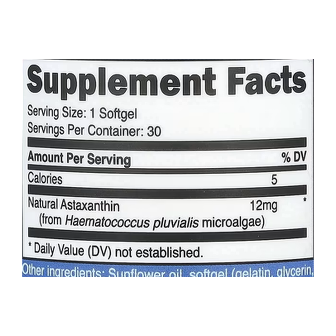Nutricost, Astaxanthin, 12 mg, 30 Softgels supplement facts label showing ingredients, vitamins, minerals, and serving information