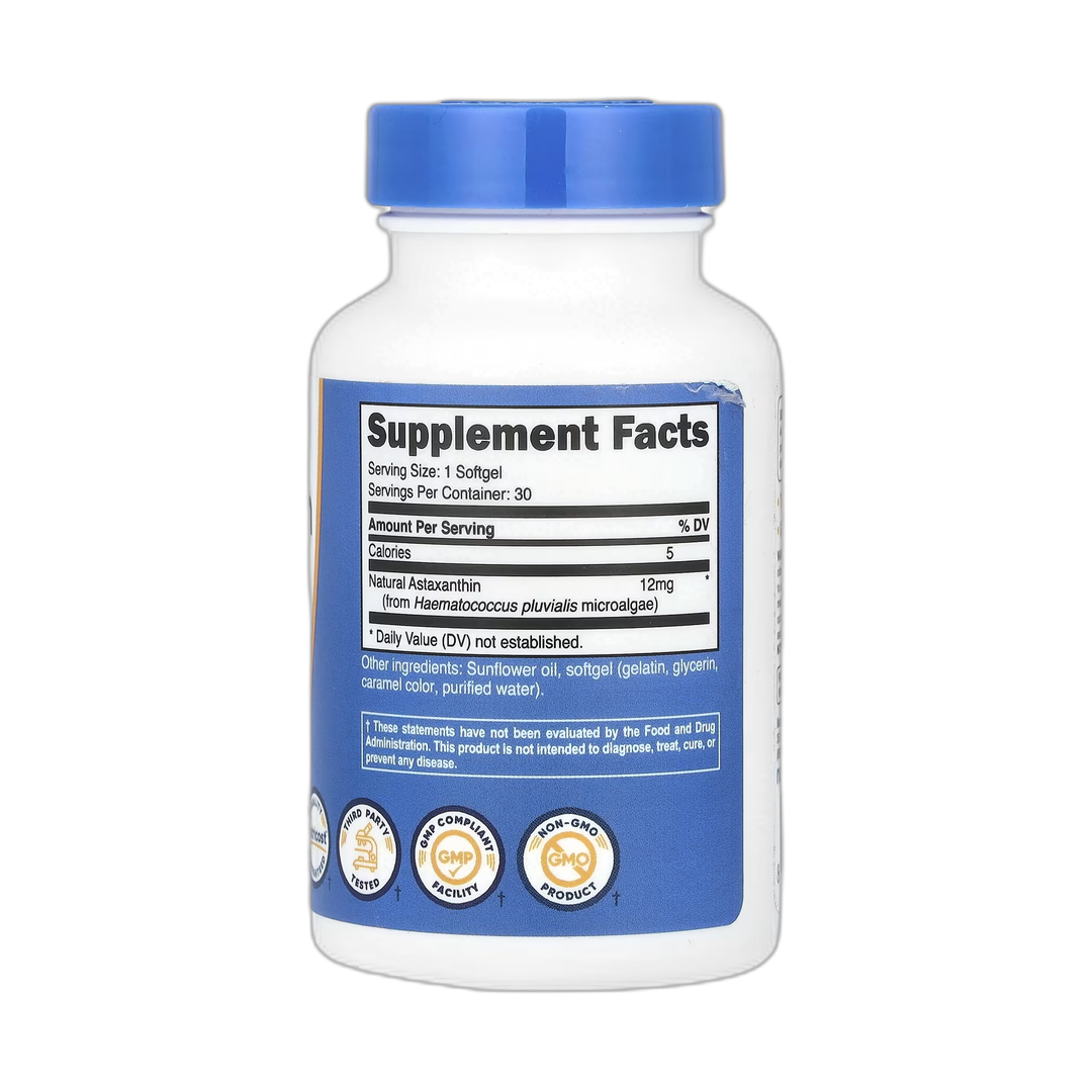 Nutricost, Astaxanthin, 12 mg, 30 Softgels back packaging view