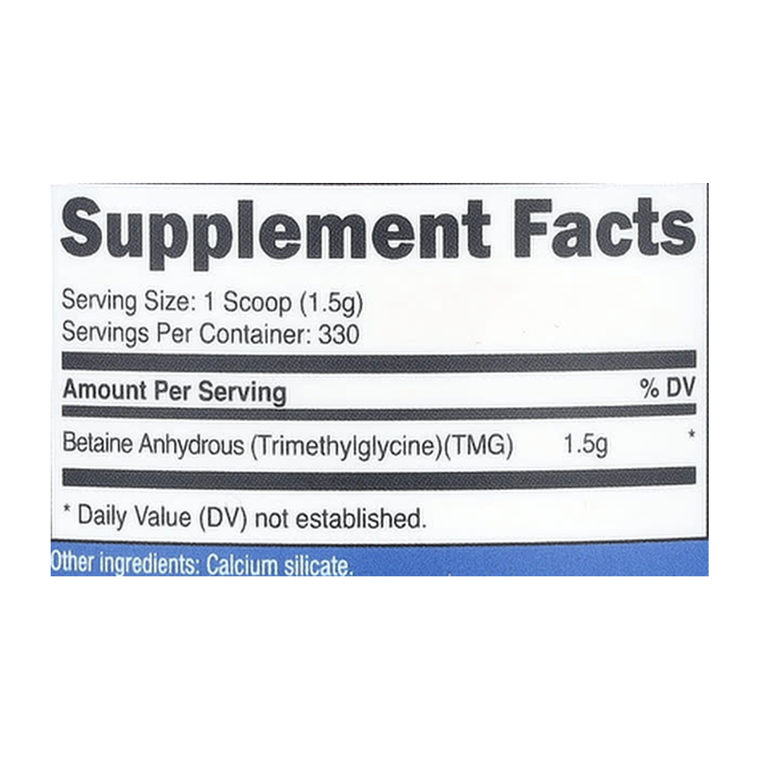 Nutricost, Betaine Anhydrous, Unflavored, 17.9 oz, 500 g supplement facts label showing ingredients, vitamins, minerals, and serving information