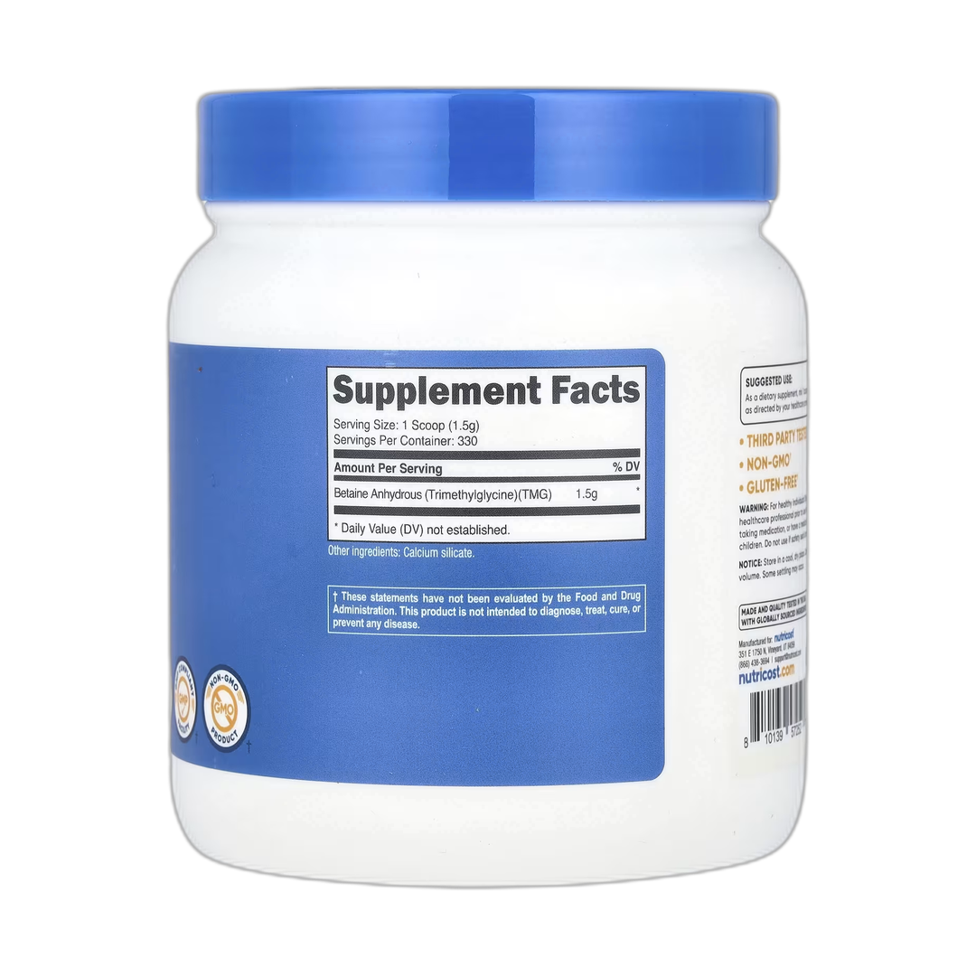 Nutricost, Betaine Anhydrous, Unflavored, 17.9 oz, 500 g back packaging view