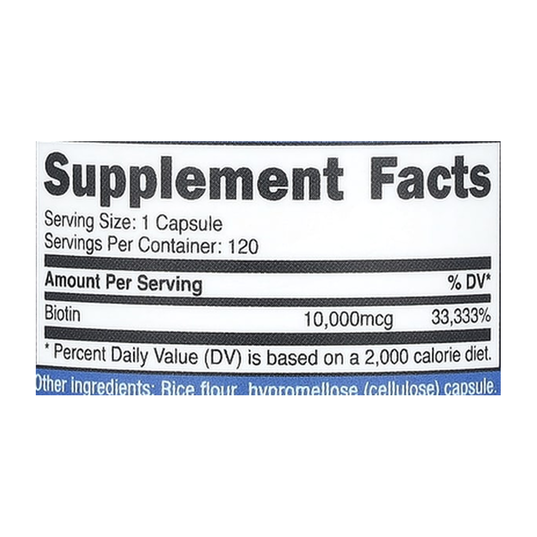 Nutricost, Biotin, 10,000 mcg, 120 Capsules supplement facts label showing ingredients, vitamins, minerals, and serving information