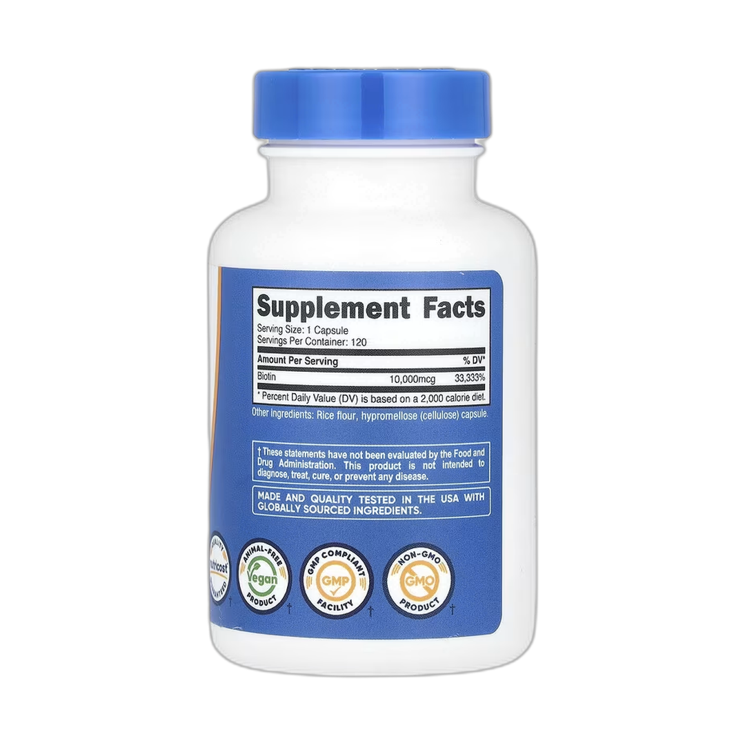 Nutricost, Biotin, 10,000 mcg, 120 Capsules back packaging view