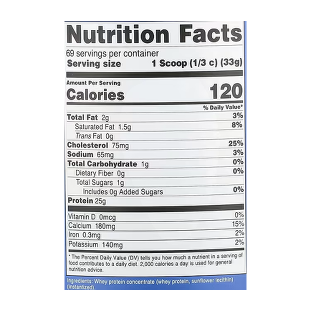 Nutricost, Whey Protein Concentrate, Unflavored, 5 lb, 2,268 g supplement facts label showing ingredients, vitamins, minerals, and serving information