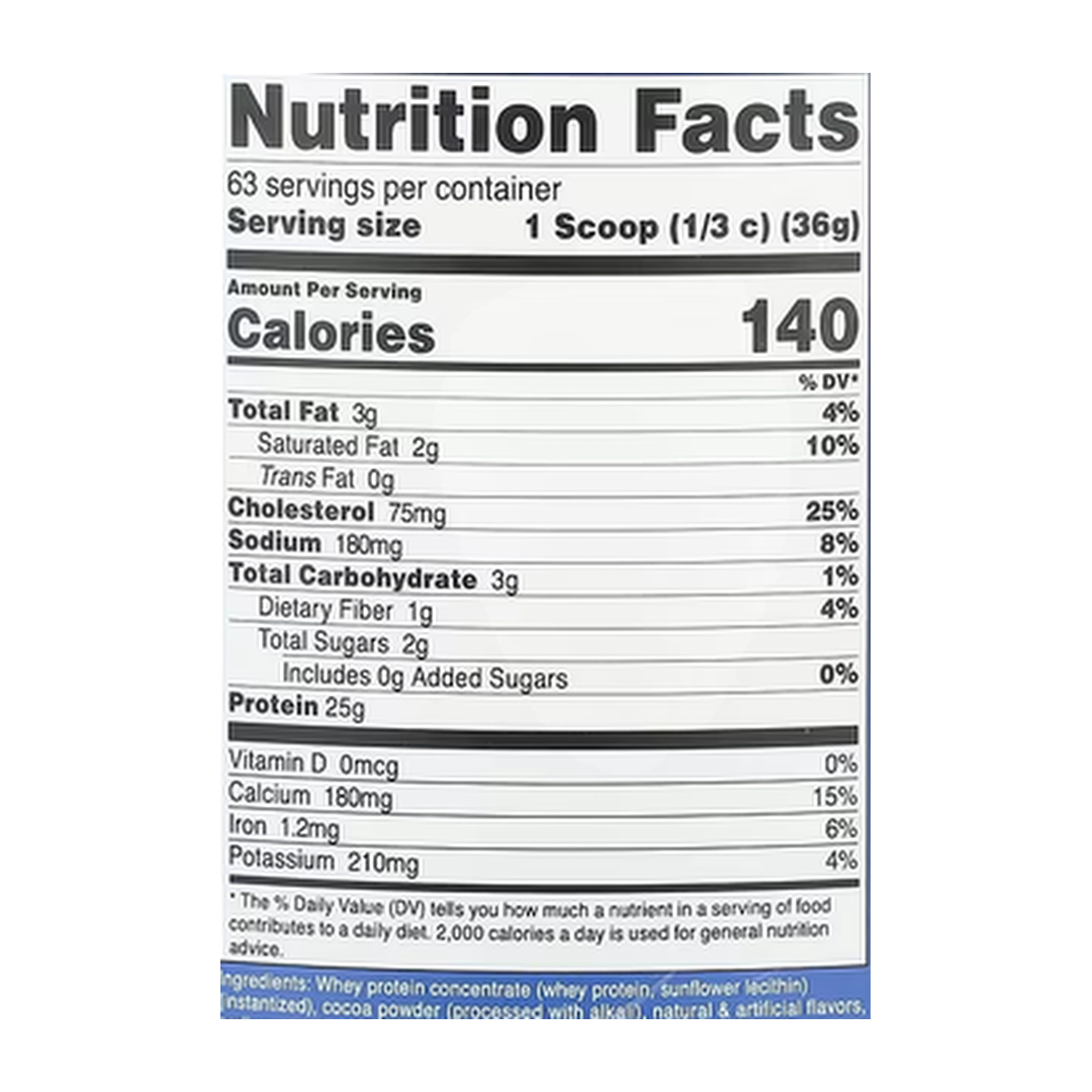 Nutricost, Whey Protein Concentrate, Milk Chocolate, 5 lb, 2,268 g supplement facts label showing ingredients, vitamins, minerals, and serving information