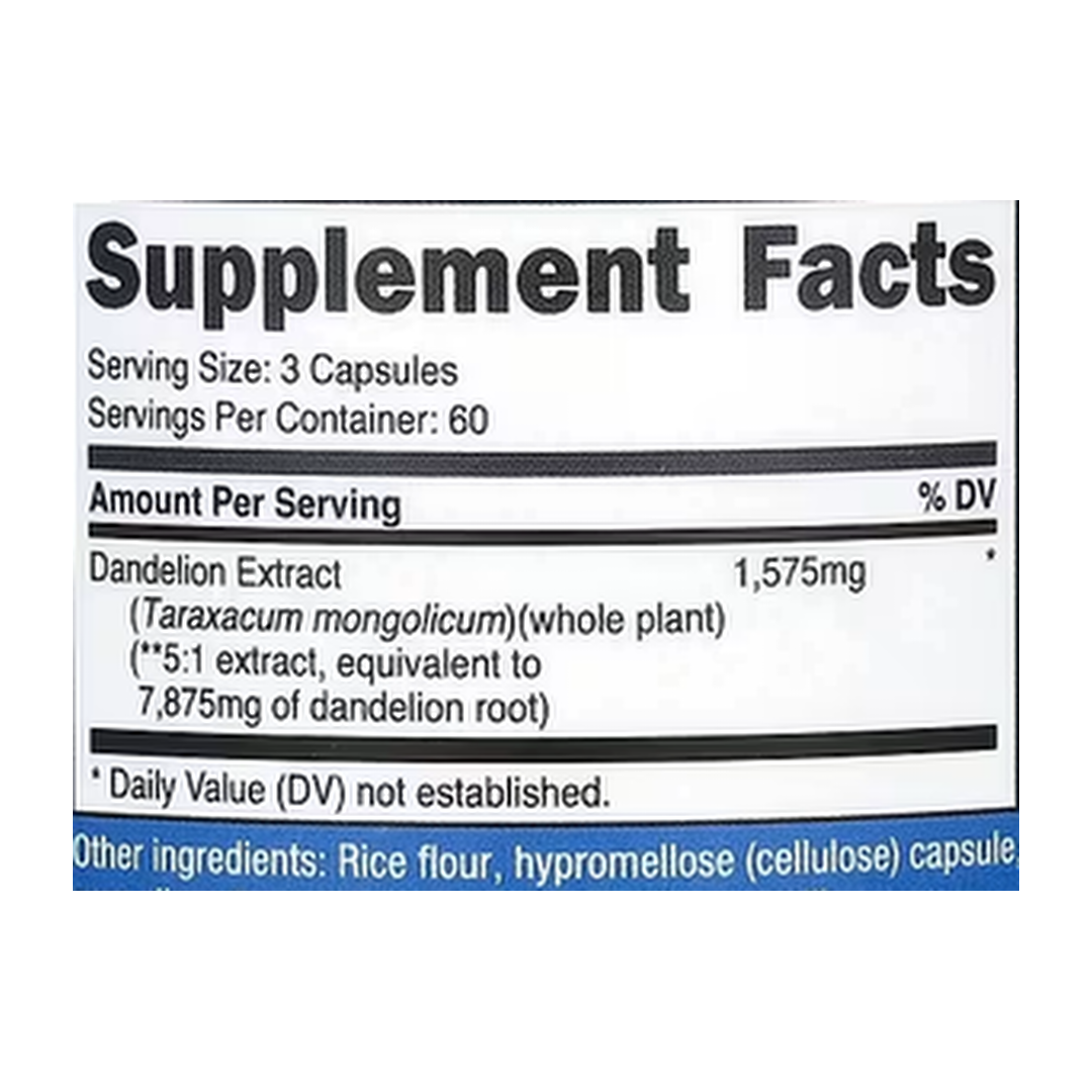 Nutricost, Dandelion Extract, 180 Capsules supplement facts label showing ingredients, vitamins, minerals, and serving information