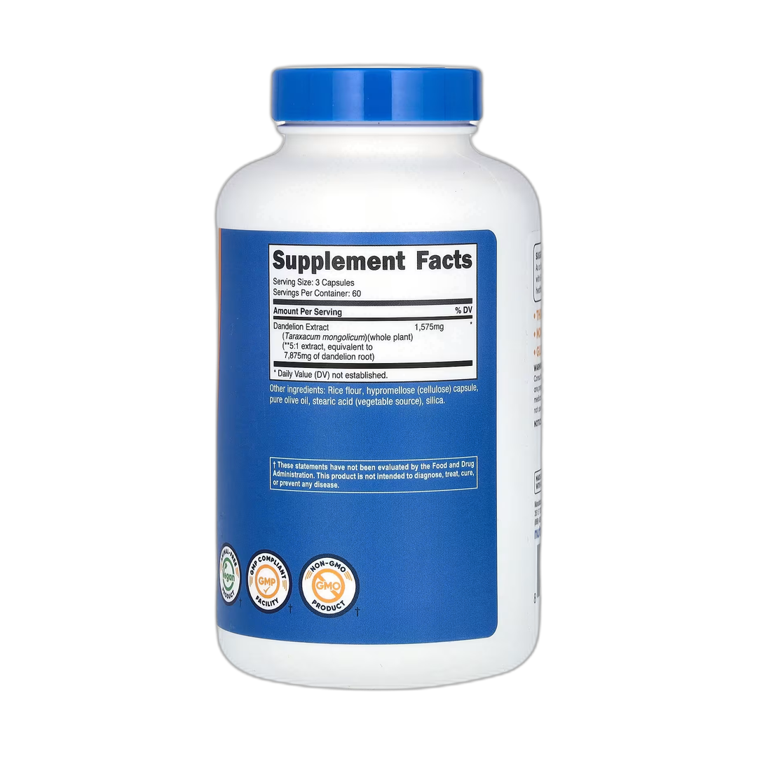 Nutricost, Dandelion Extract, 180 Capsules back packaging view