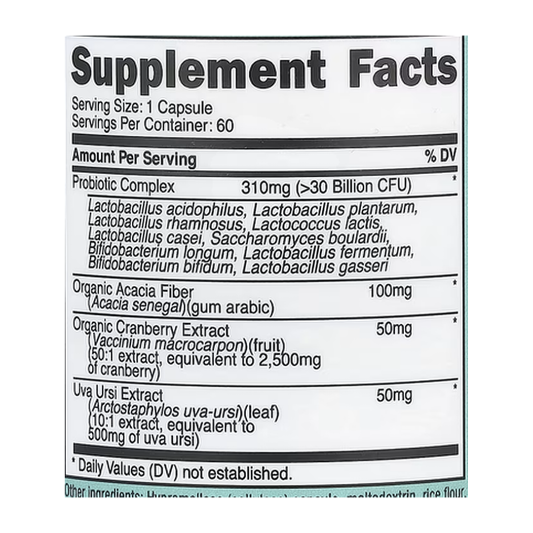 Nutricost, Women, Probiotic, >30 Billion CFU, 60 Capsules supplement facts label showing ingredients, vitamins, minerals, and serving information