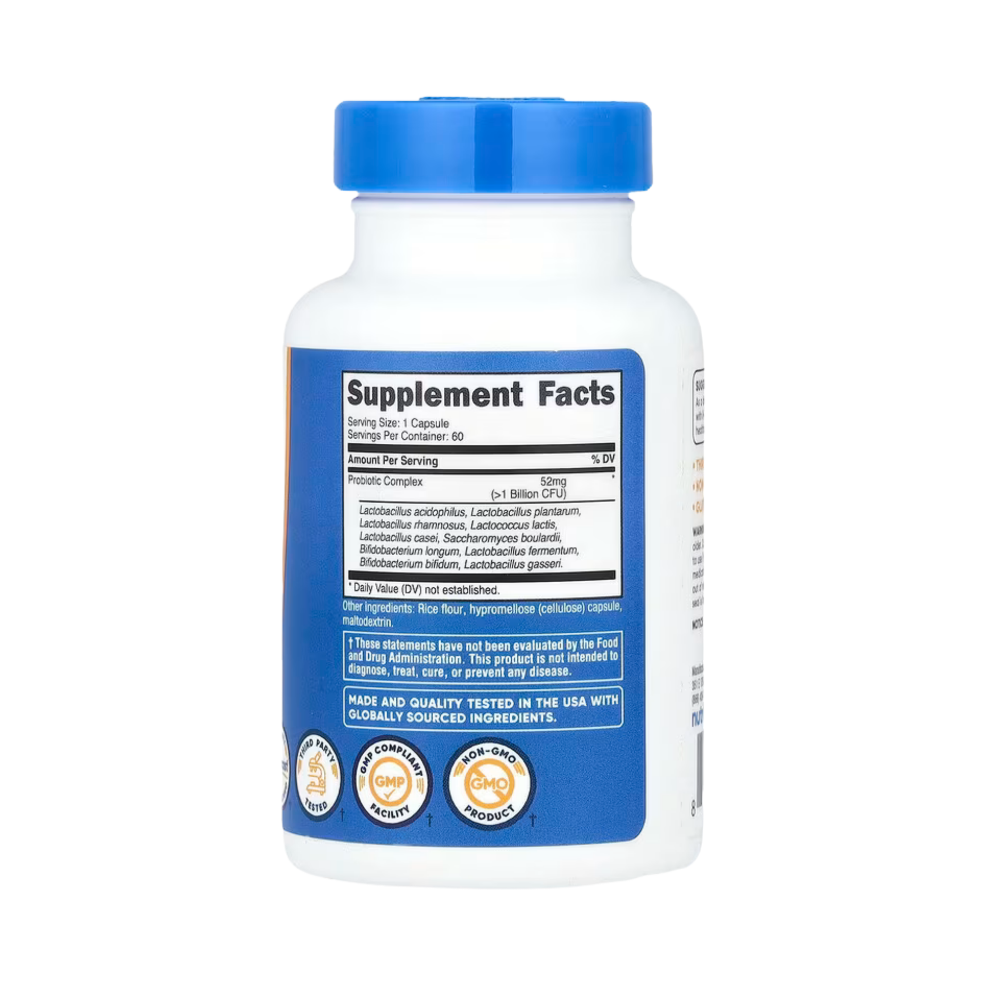 Nutricost, Probiotic Complex, >1 Billion CFU, 60 Capsules back packaging view