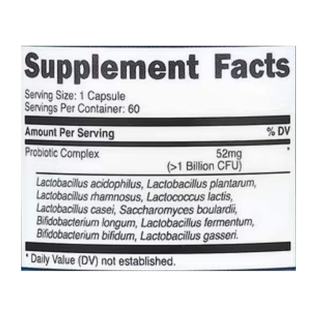 Nutricost, Probiotic Complex, >1 Billion CFU, 60 Capsules supplement facts label showing ingredients, vitamins, minerals, and serving information