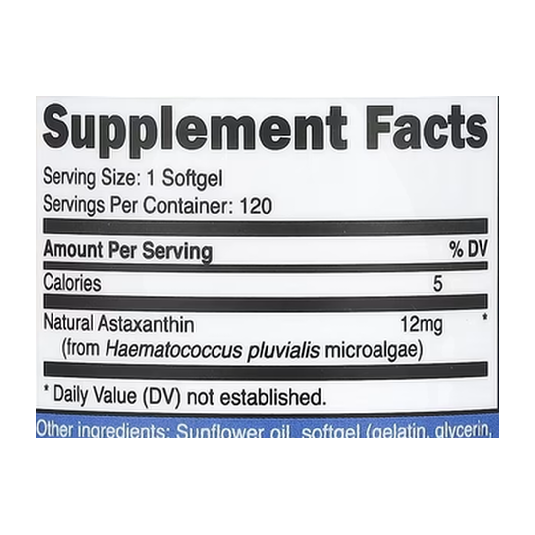 Nutricost, Astaxanthin , 12 mg, 120 Softgels supplement facts label showing ingredients, vitamins, minerals, and serving information