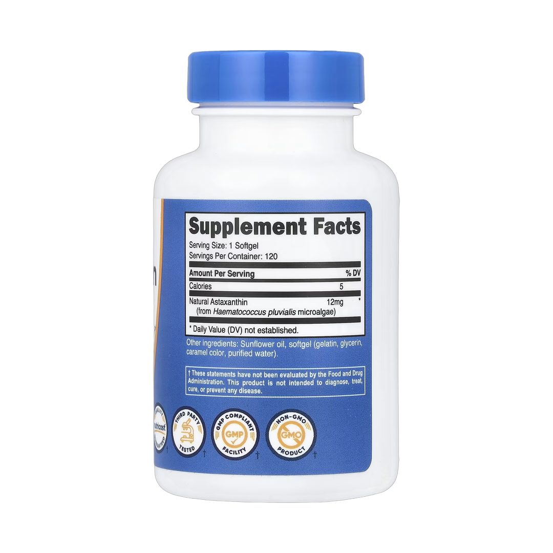 Nutricost, Astaxanthin , 12 mg, 120 Softgels back packaging view