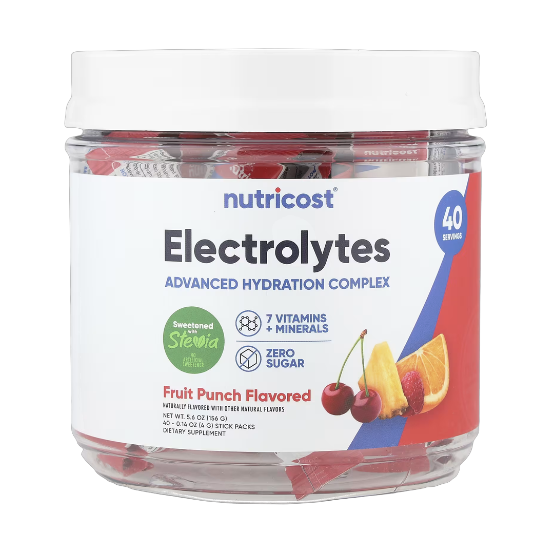 Nutricost, Electrolytes, Advanced Hydration Complex, Fruit Punch, 40 Stick Packs, 0.14 oz front packaging view