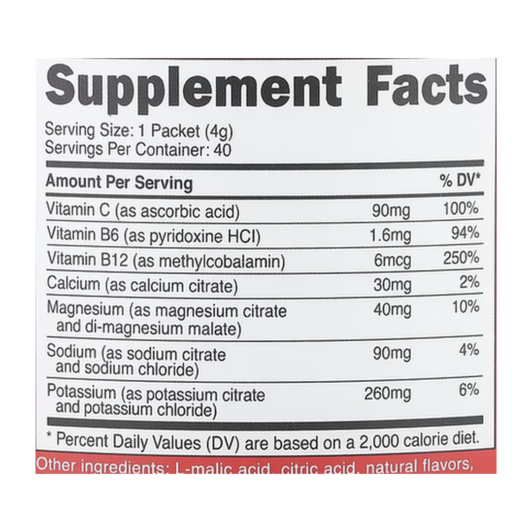 Nutricost, Electrolytes, Advanced Hydration Complex, Fruit Punch, 40 Stick Packs, 0.14 oz supplement facts label showing ingredients, vitamins, minerals, and serving information