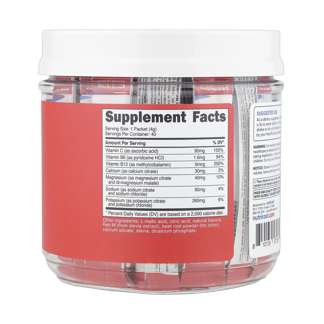 Nutricost, Electrolytes, Advanced Hydration Complex, Fruit Punch, 40 Stick Packs, 0.14 oz back packaging view