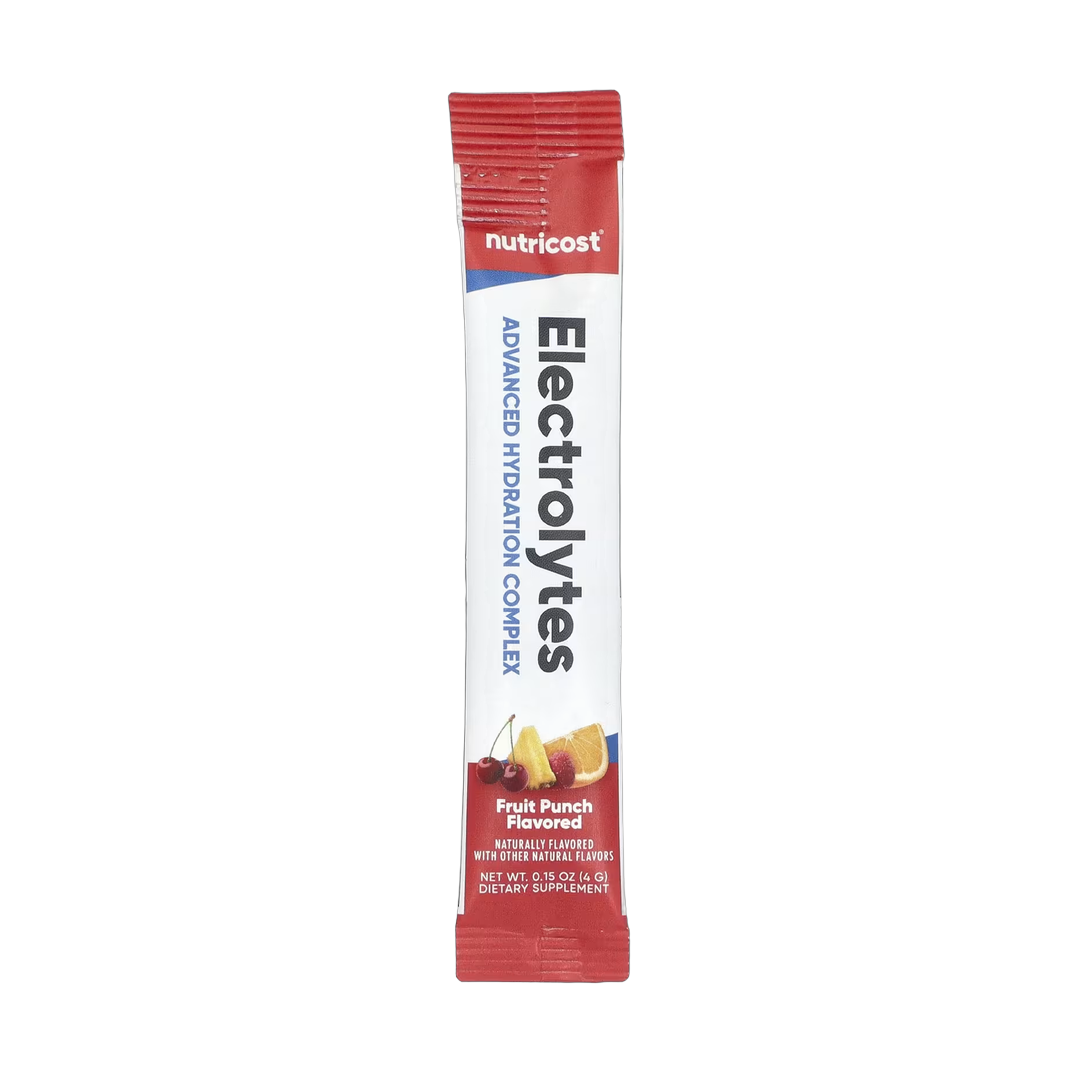 Nutricost, Electrolytes, Advanced Hydration Complex, Fruit Punch, 40 Stick Packs, 0.14 oz packaging side view