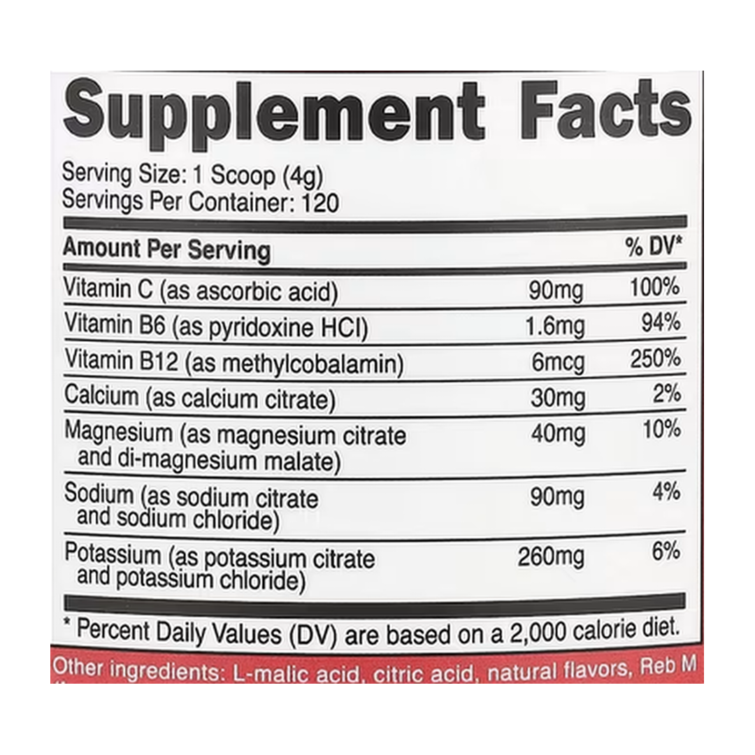 Nutricost, Electrolytes, Advanced Hydration Complex, Fruit Punch, 1 lb, 468 g supplement facts label showing ingredients, vitamins, minerals, and serving information