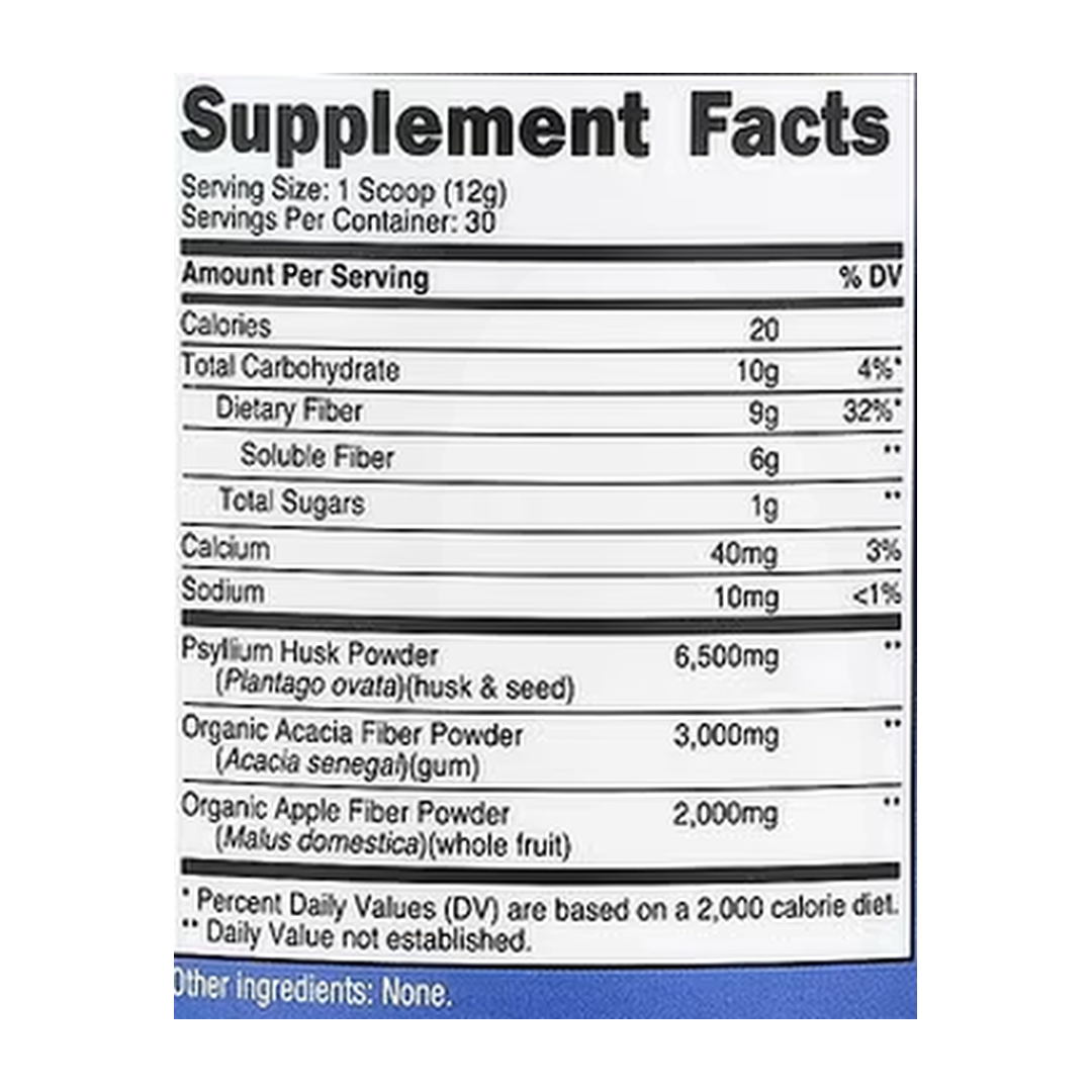 Nutricost, Soluble Fiber, Unflavored, 12.3 oz, 345 g supplement facts label showing ingredients, vitamins, minerals, and serving information