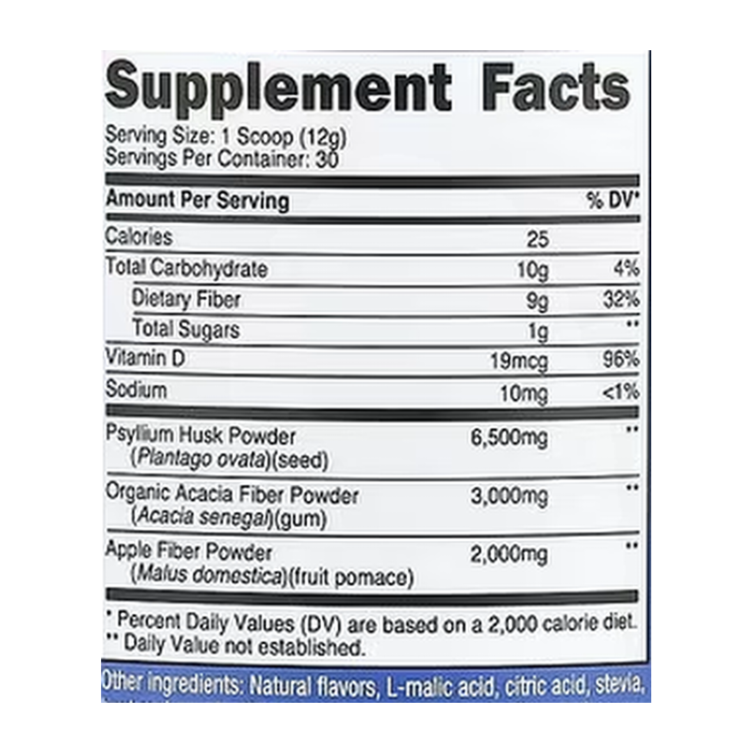 Nutricost, Soluble Fiber, Berry, 13.3 oz, 372 g supplement facts label showing ingredients, vitamins, minerals, and serving information