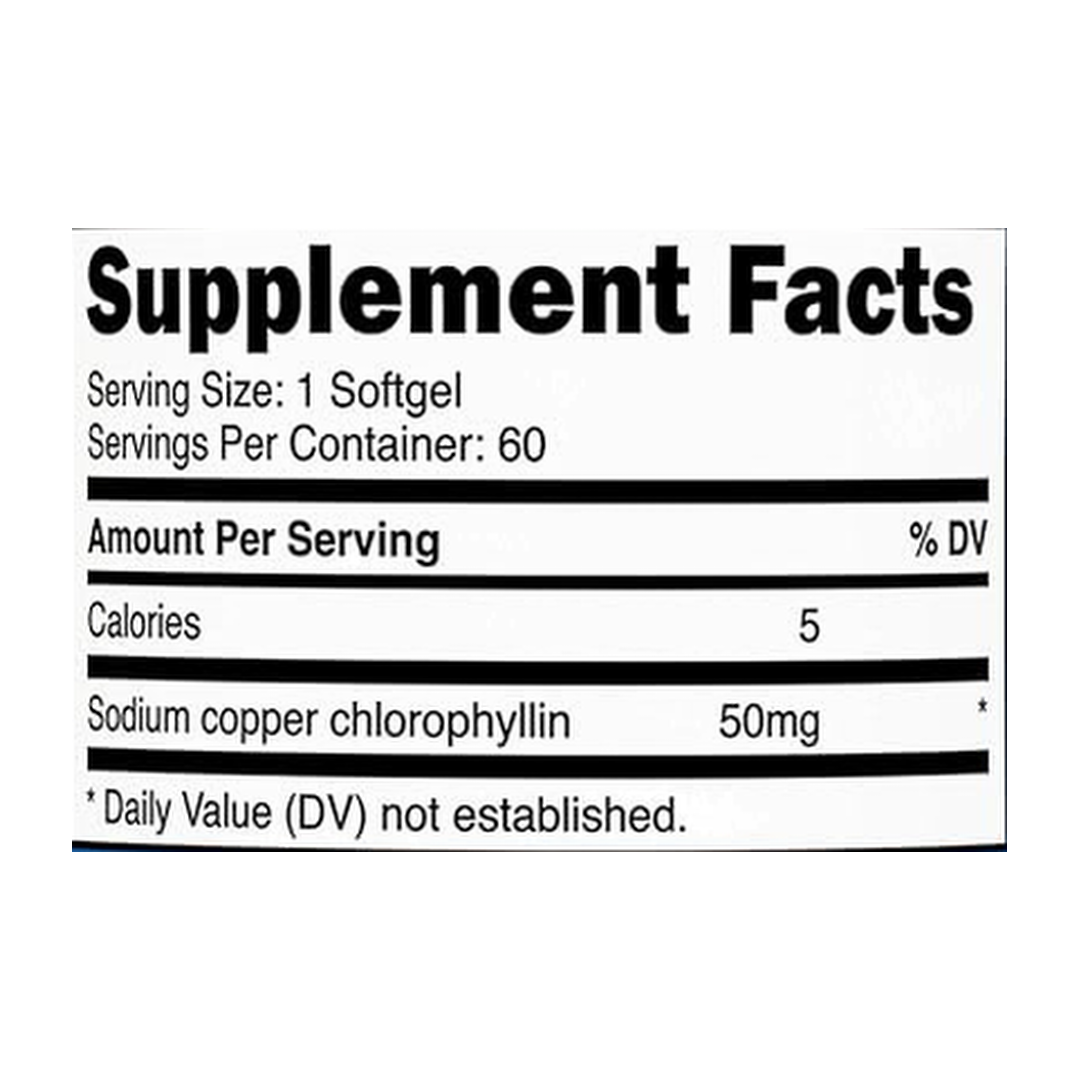 Nutricost Chlorophyll (50mg) 60 Softgels supplement facts label showing ingredients, vitamins, minerals, and serving information