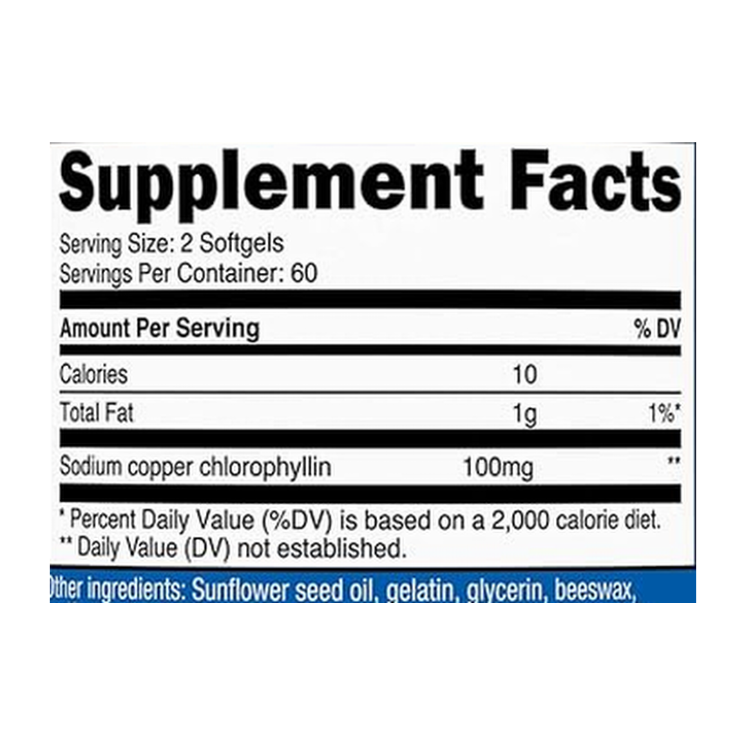 Nutricost, Chlorophyll, 100mg, 120 Softgels supplement facts label showing ingredients, vitamins, minerals, and serving information