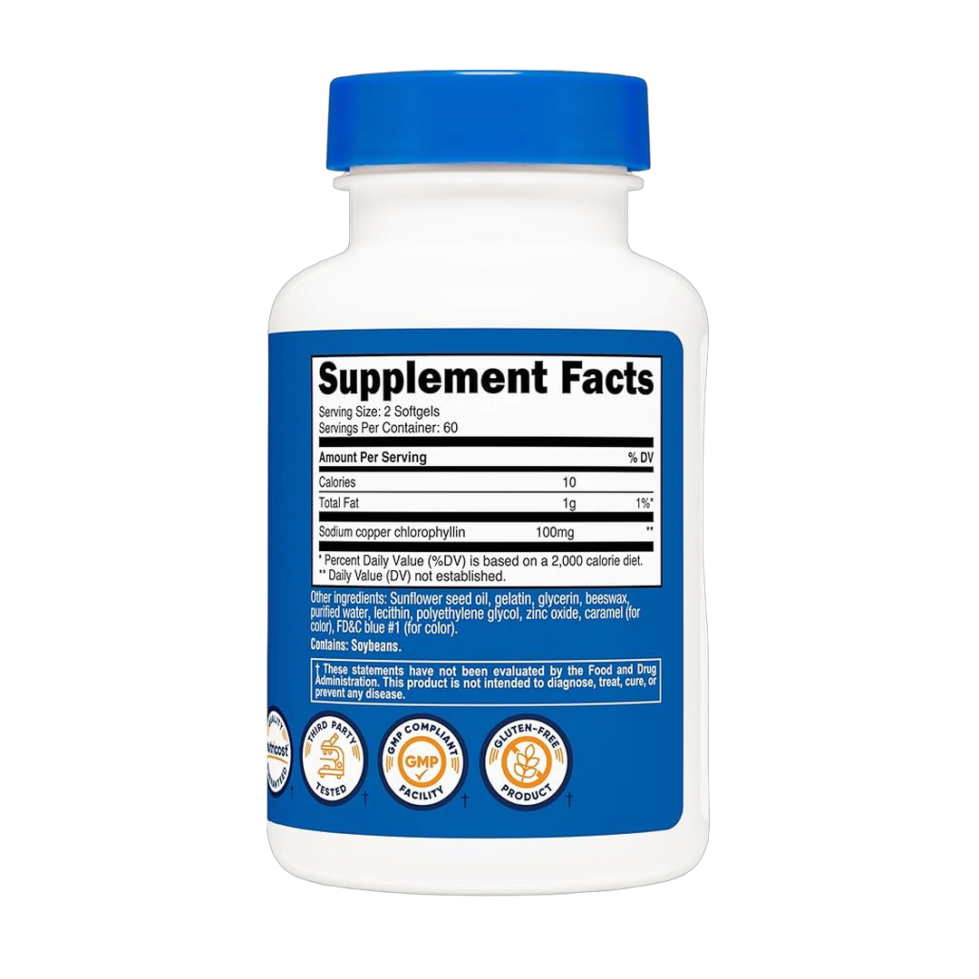 Nutricost, Chlorophyll, 100mg, 120 Softgels back packaging view
