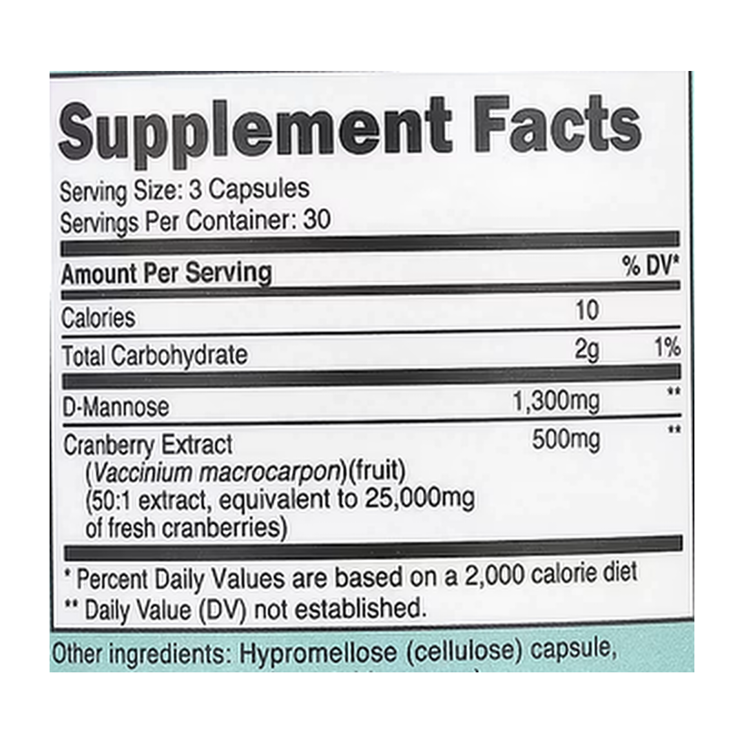 Nutricost, Women, D-Mannose with Cranberry Extract, 90 Capsules supplement facts label showing ingredients, vitamins, minerals, and serving information