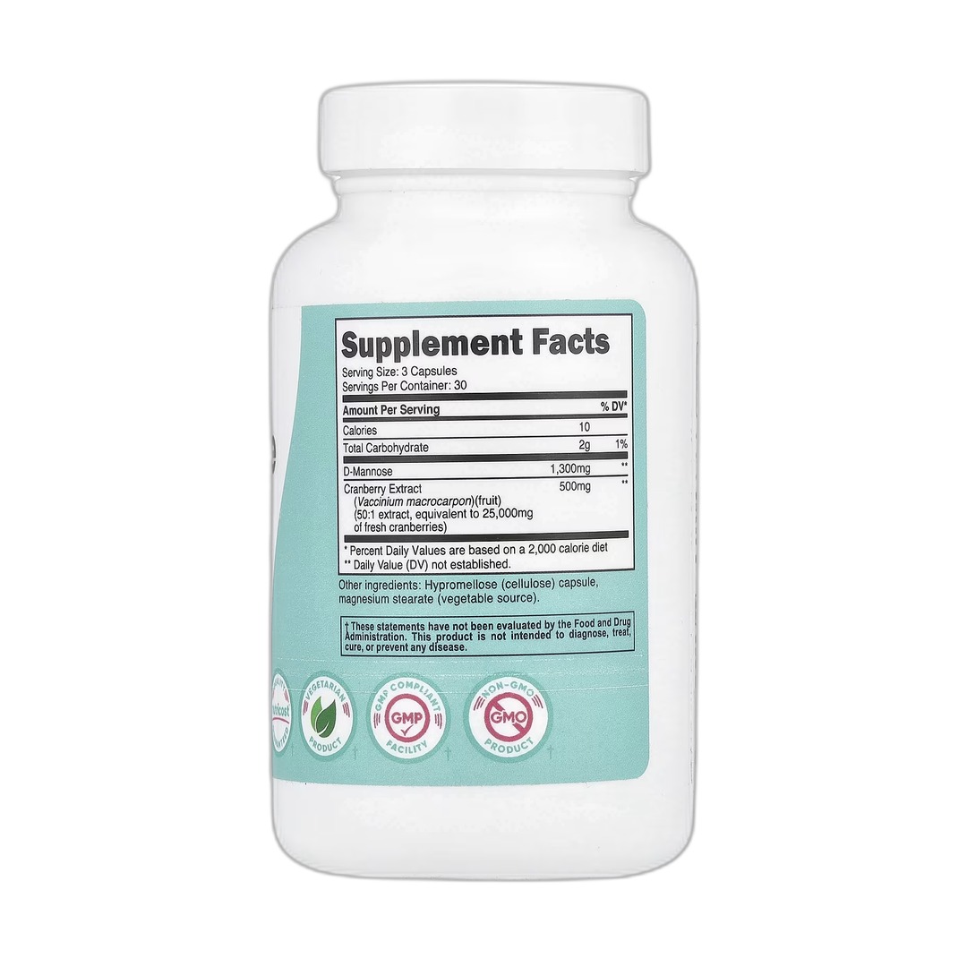 Nutricost, Women, D-Mannose with Cranberry Extract, 90 Capsules back packaging view