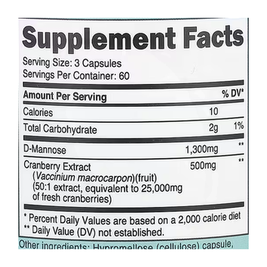 Nutricost, Women, D-Mannose with Cranberry Extract, 180 Capsules supplement facts label showing ingredients, vitamins, minerals, and serving information