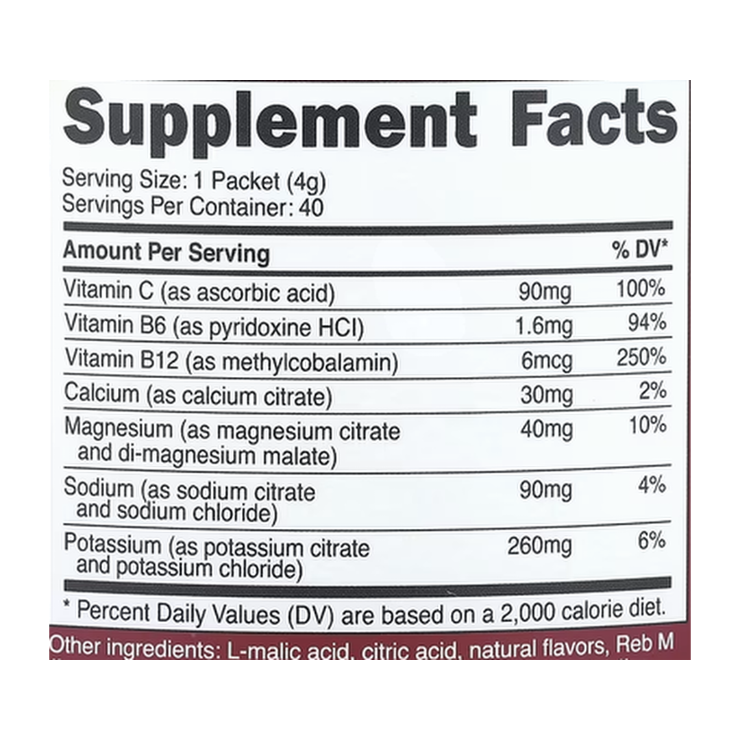 Nutricost, Electrolytes, Advanced Hydration Complex, Grape, 40 Stick Packs, 0.1 oz, (4 g) Each supplement facts label showing ingredients, vitamins, minerals, and serving information
