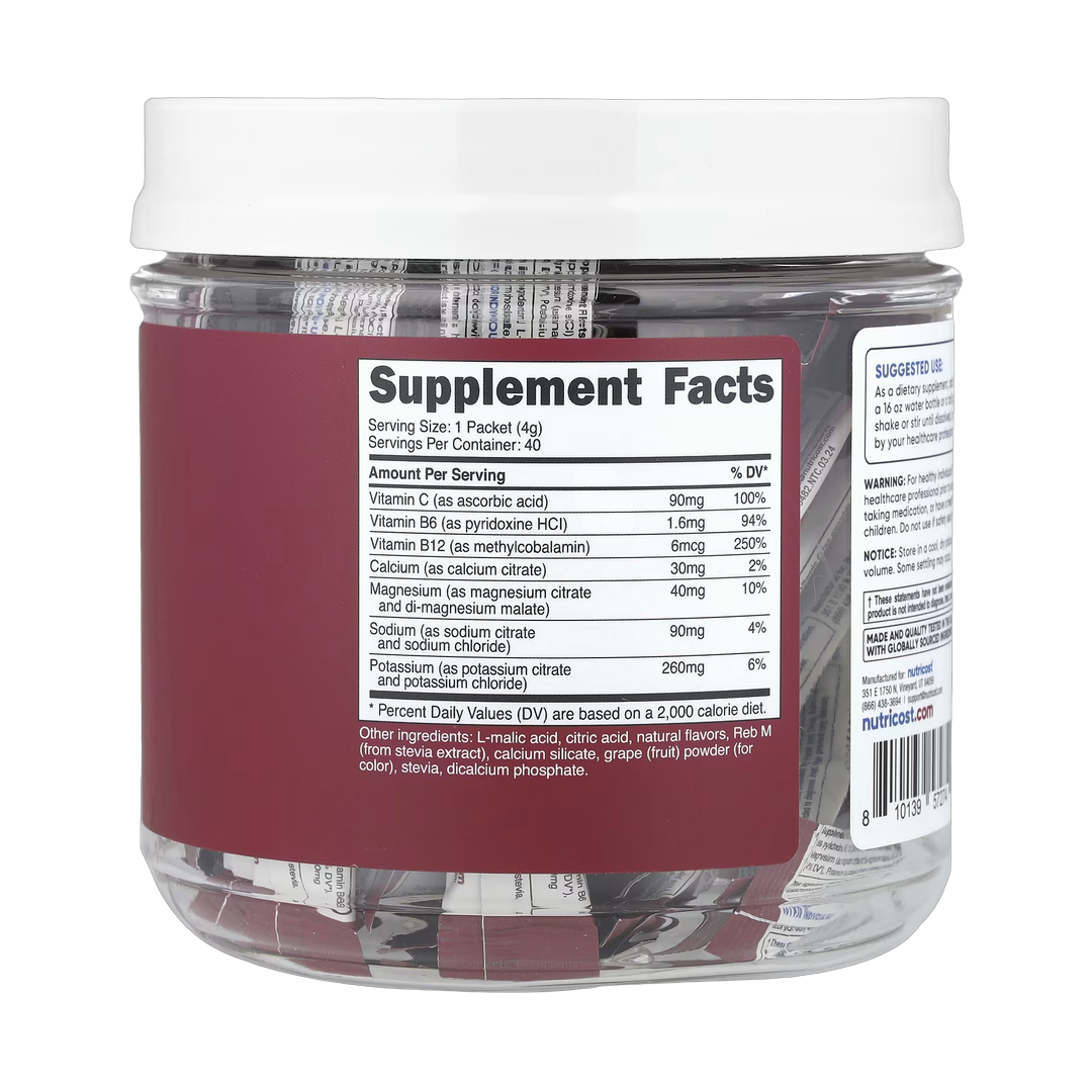 Nutricost, Electrolytes, Advanced Hydration Complex, Grape, 40 Stick Packs, 0.1 oz, (4 g) Each back packaging view
