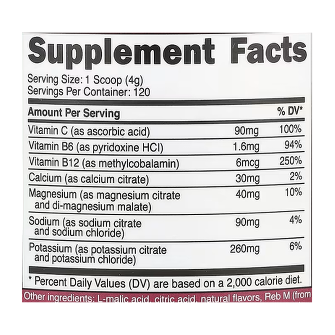 Nutricost, Electrolytes, Advanced Hydration Complex, Grape, 1 lb, 468 g supplement facts label showing ingredients, vitamins, minerals, and serving information