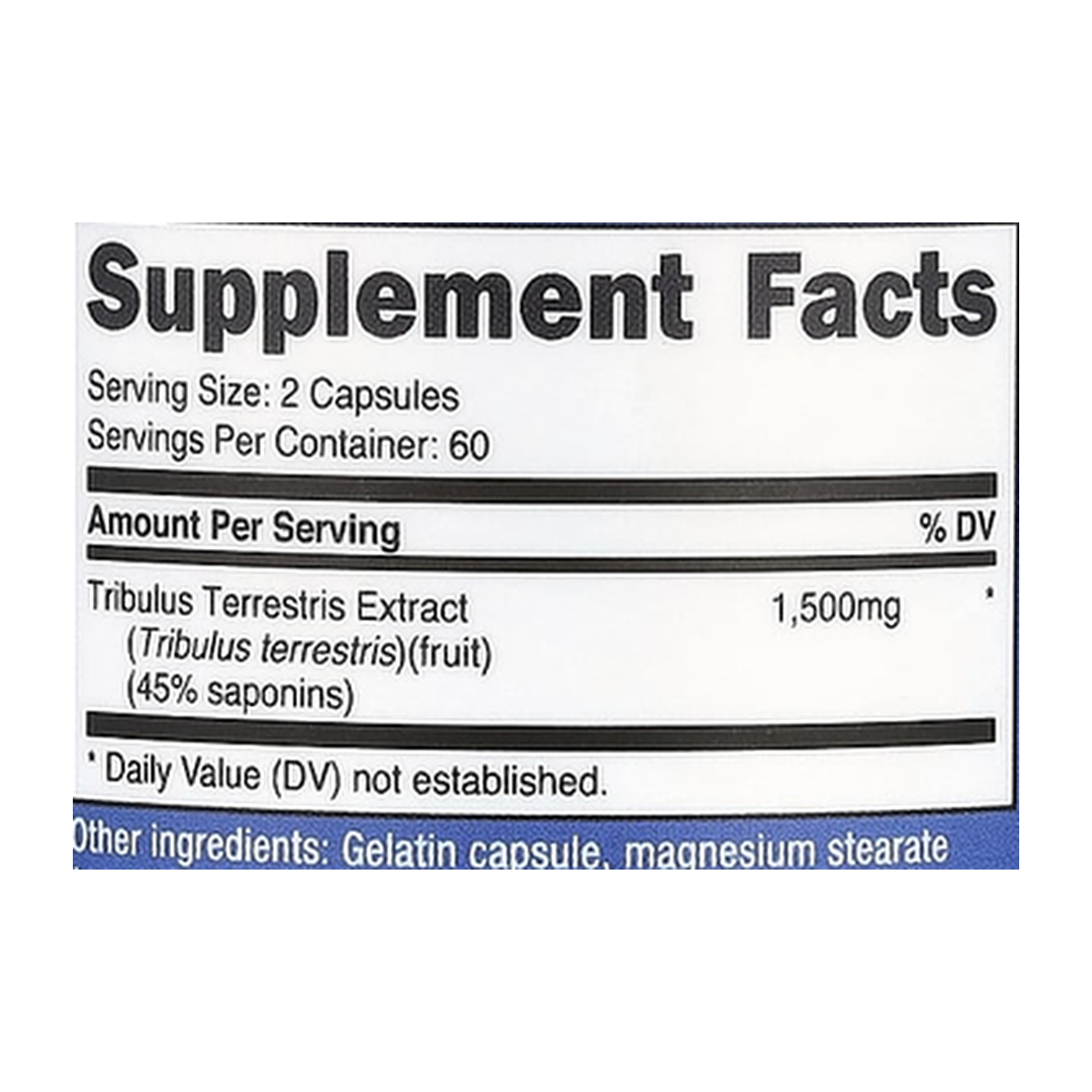Nutricost, Tribulus, 120 Capsules supplement facts label showing ingredients, vitamins, minerals, and serving information