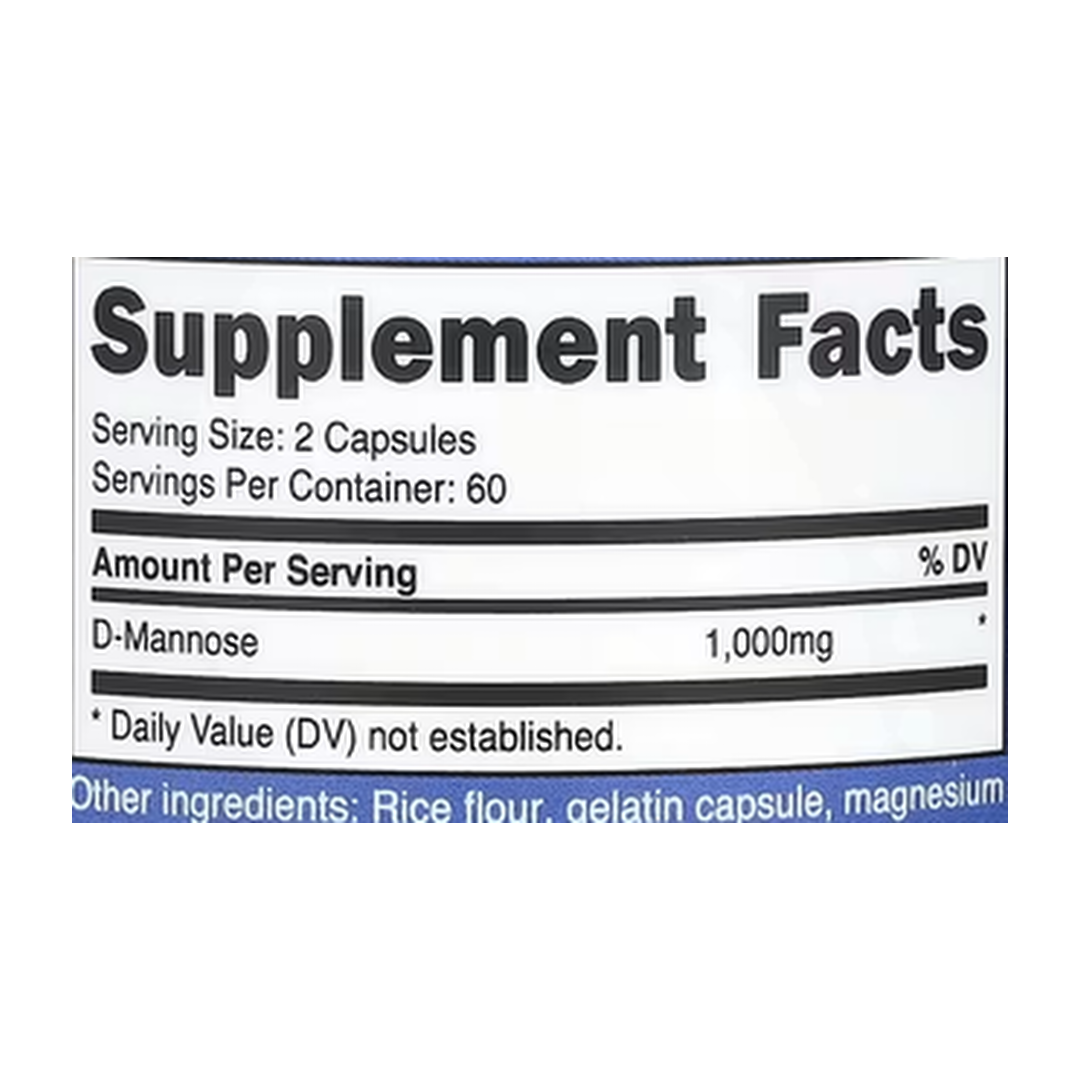 Nutricost, D-Mannose, 120 Capsules supplement facts label showing ingredients, vitamins, minerals, and serving information