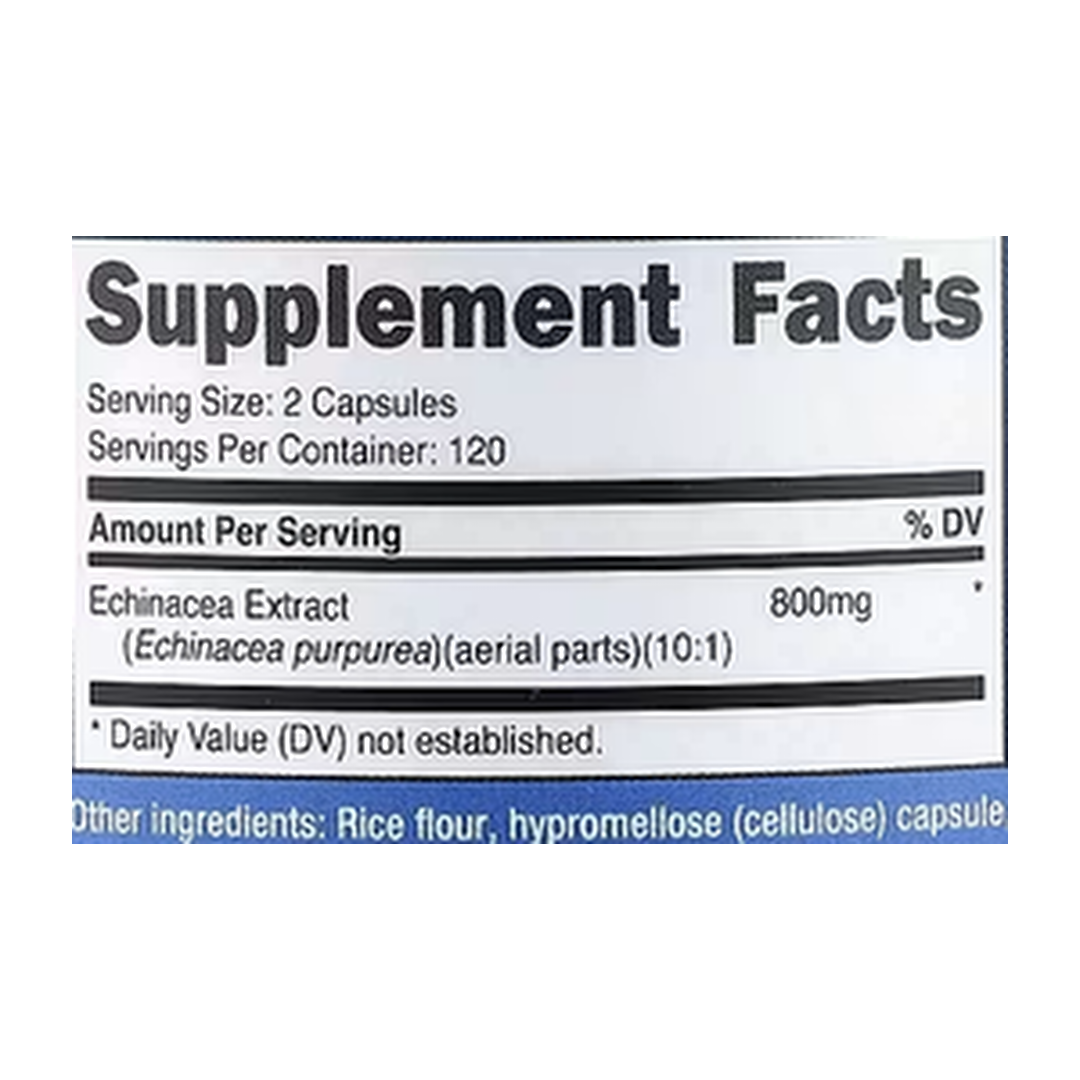 Nutricost, Echinacea, 240 Capsules supplement facts label showing ingredients, vitamins, minerals, and serving information
