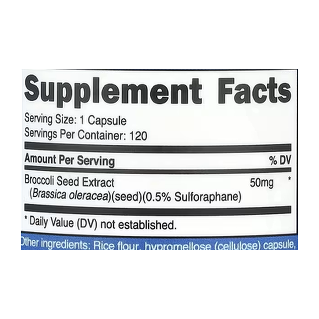 Nutricost, Sulforaphane Glucosinolate , 50 mg, 120 Capsules supplement facts label showing ingredients, vitamins, minerals, and serving information