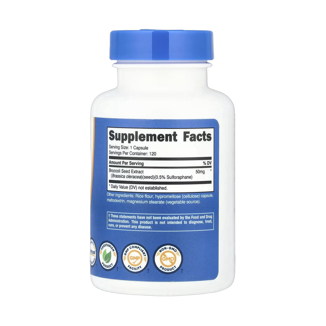 Nutricost, Sulforaphane Glucosinolate , 50 mg, 120 Capsules back packaging view