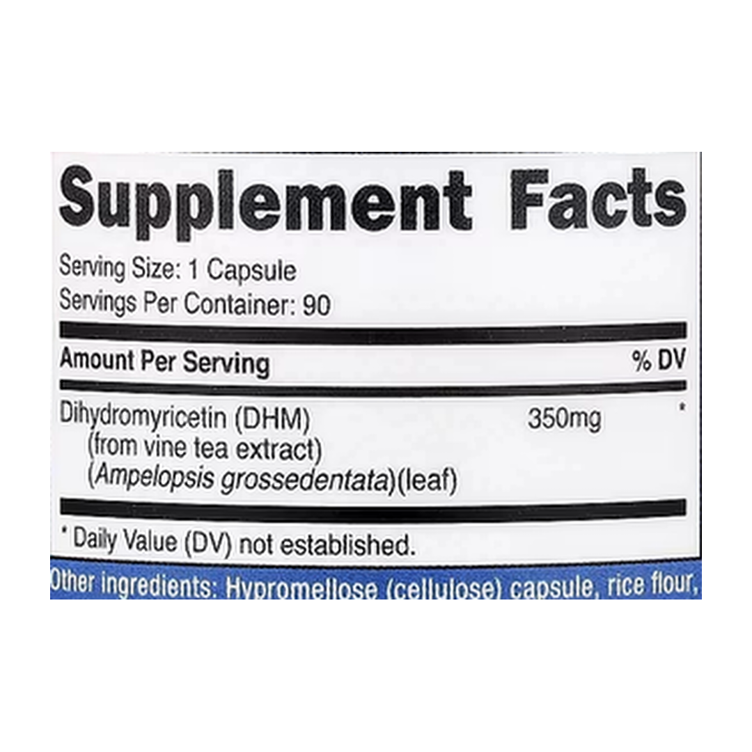 Nutricost, DHM, 350 mg, 90 Capsules supplement facts label showing ingredients, vitamins, minerals, and serving information
