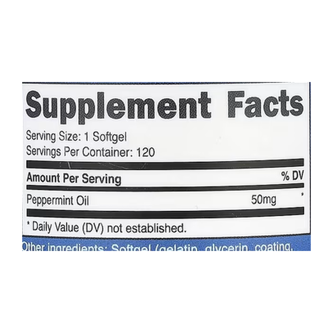 Nutricost, Peppermint Oil, 50 mg, 120 Softgels supplement facts label showing ingredients, vitamins, minerals, and serving information