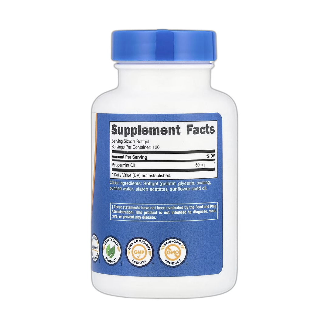 Nutricost, Peppermint Oil, 50 mg, 120 Softgels back packaging view