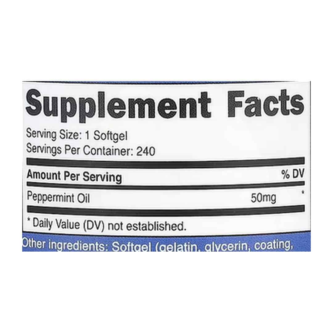Nutricost, Peppermint Oil, 50 mg, 240 Softgels supplement facts label showing ingredients, vitamins, minerals, and serving information