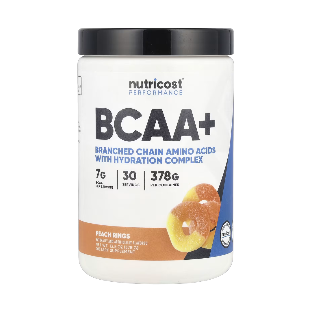 Nutricost, Performance, BCAA+, Peach Rings, 13.5 oz, 378 g front packaging view