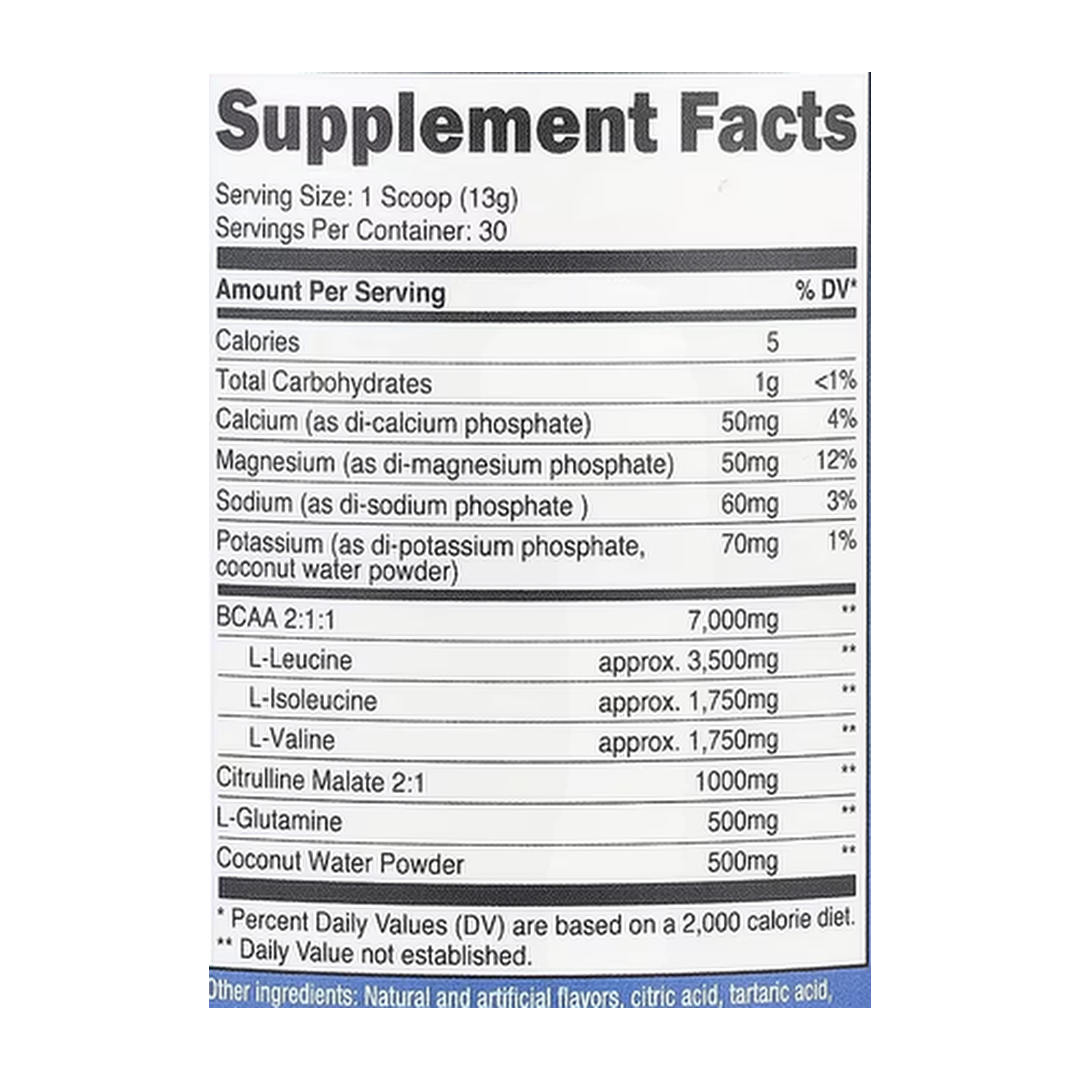 Nutricost, Performance, BCAA+, Peach Rings, 13.5 oz, 378 g supplement facts label showing ingredients, vitamins, minerals, and serving information