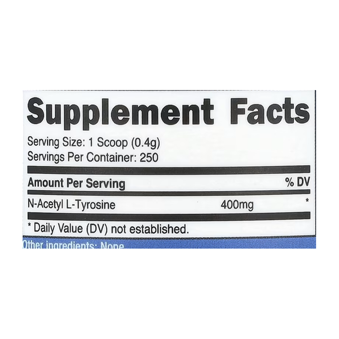 Nutricost, N-Acetyl L-Tyrosine, Unflavored, 3.6 oz, 100 g supplement facts label showing ingredients, vitamins, minerals, and serving information