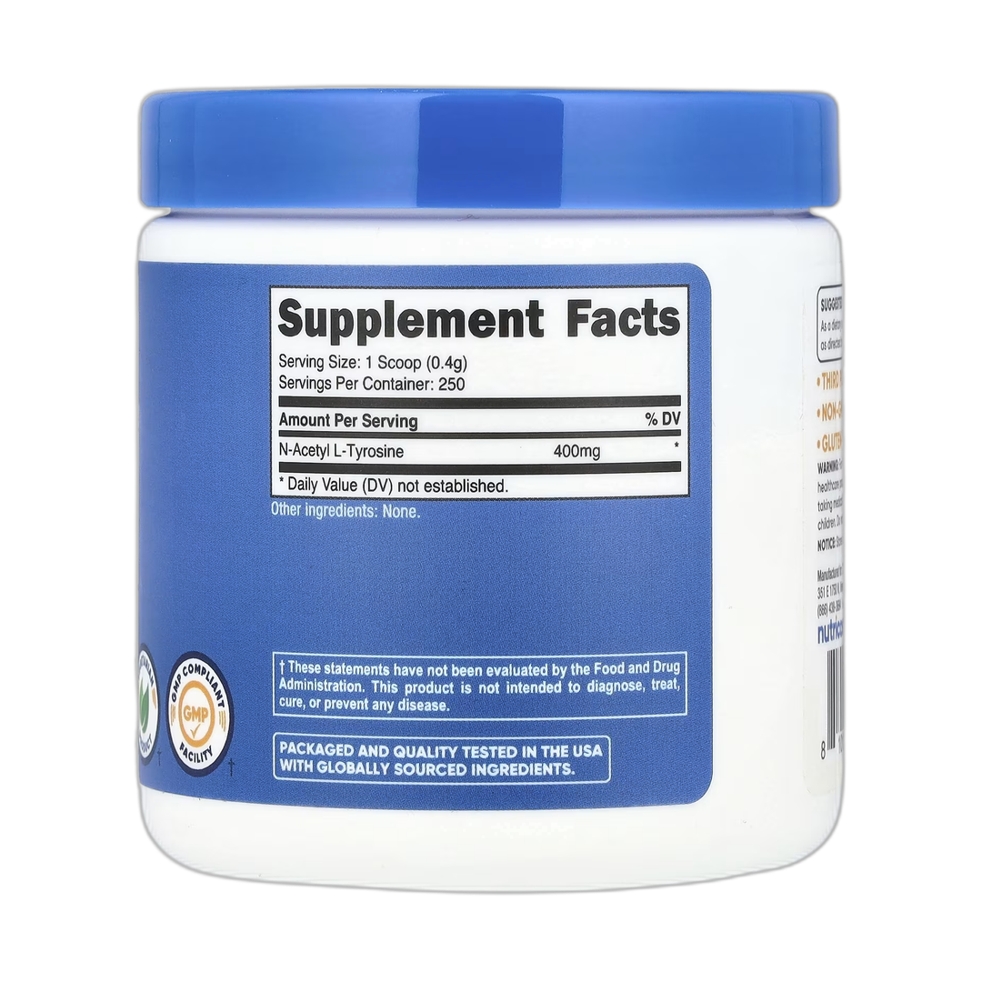 Nutricost, N-Acetyl L-Tyrosine, Unflavored, 3.6 oz, 100 g back packaging view