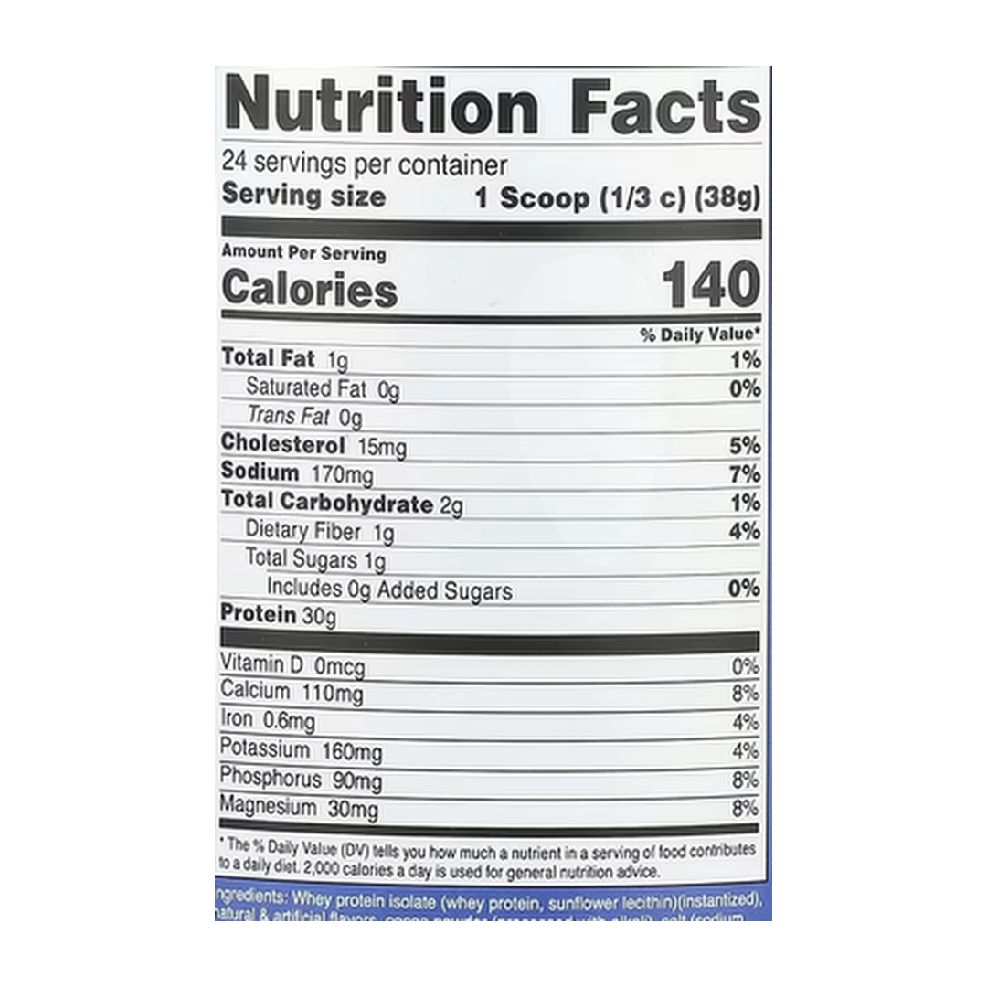 Nutricost, Whey Protein Isolate, Mocha, 2 lb, 907 g supplement facts label showing ingredients, vitamins, minerals, and serving information