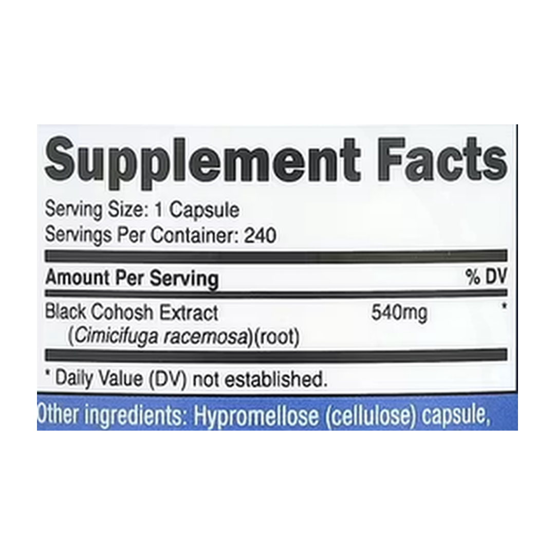 Nutricost, Black Cohosh, 540 mg, 240 Capsules supplement facts label showing ingredients, vitamins, minerals, and serving information
