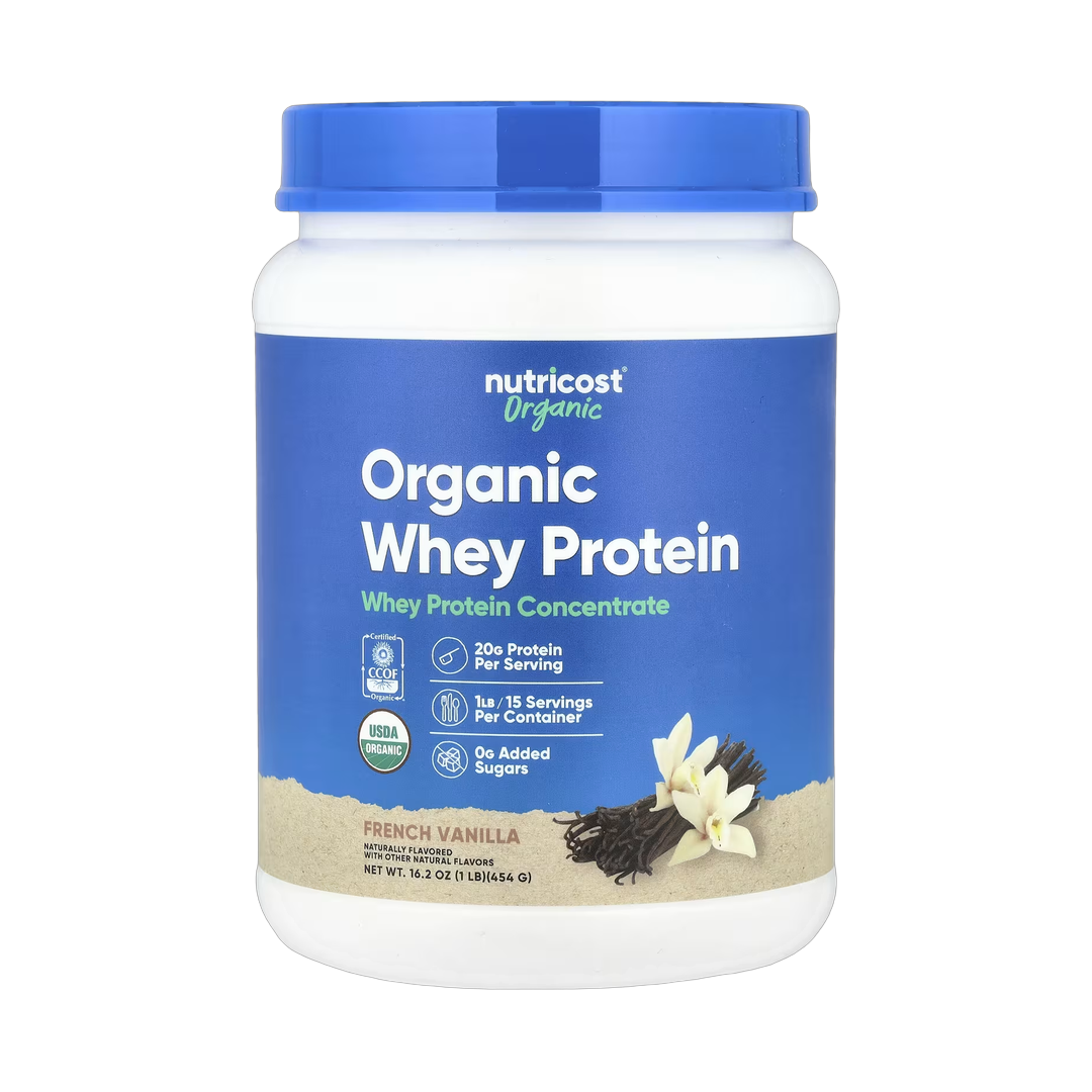 Nutricost, Organic Whey Protein, French Vanilla, 1 lb, 454 g front packaging view