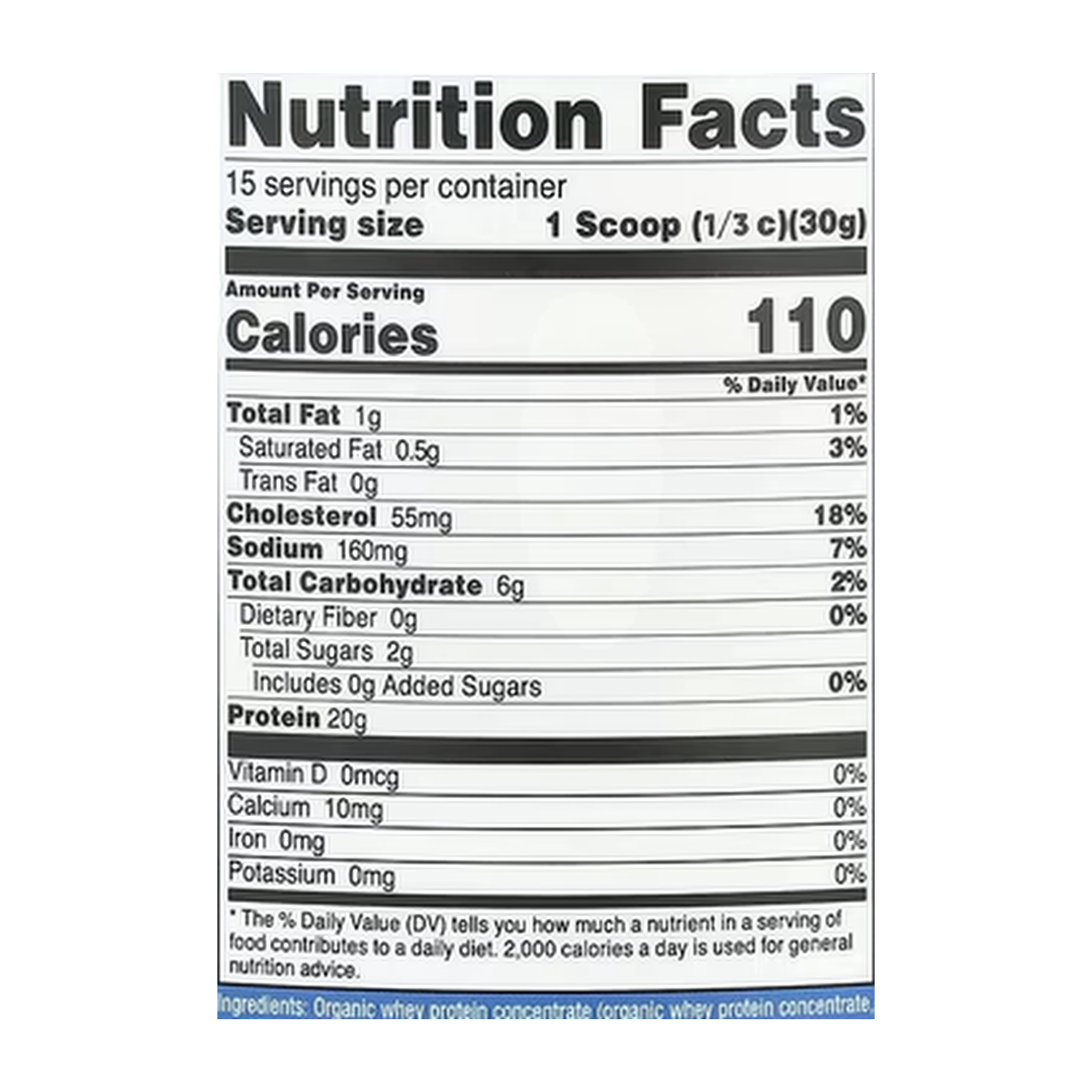 Nutricost, Organic Whey Protein, French Vanilla, 1 lb, 454 g supplement facts label showing ingredients, vitamins, minerals, and serving information