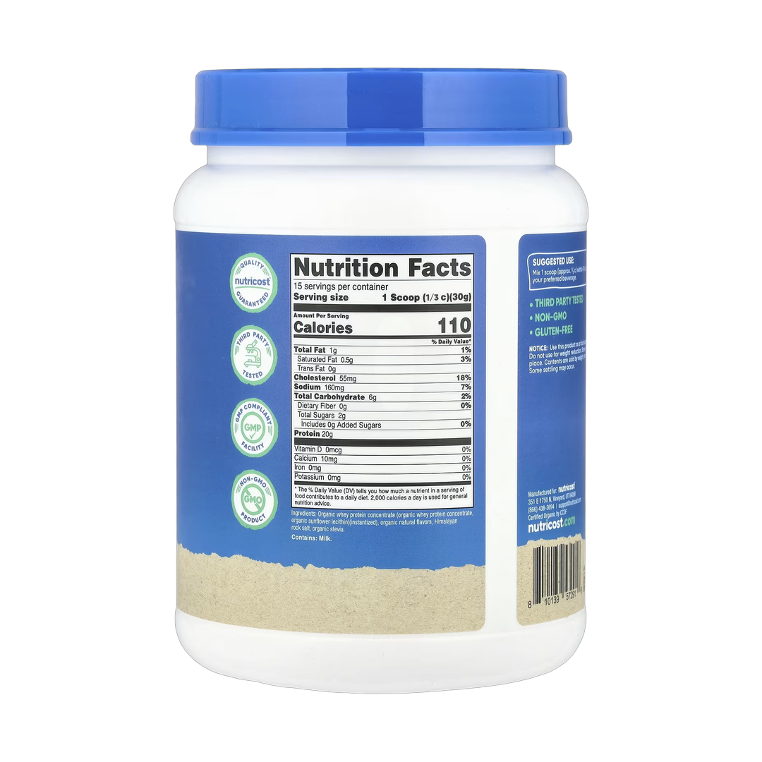 Nutricost, Organic Whey Protein, French Vanilla, 1 lb, 454 g back packaging view